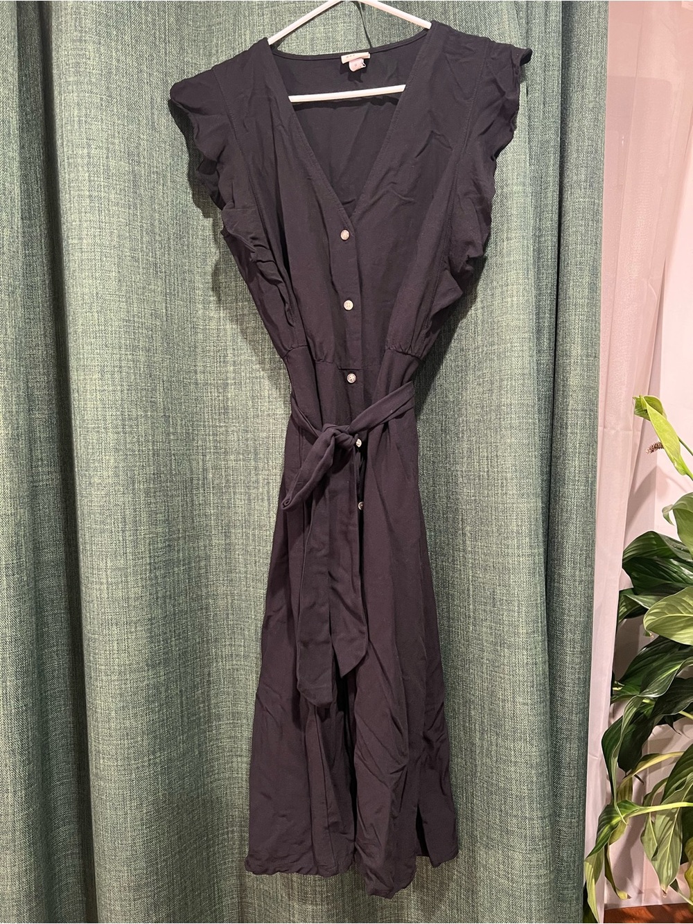 Button-Front Black Wrap Dress with Tie Waist